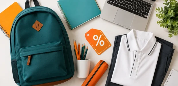 UK parent and child shopping for back to school uniform and supplies with discount codes