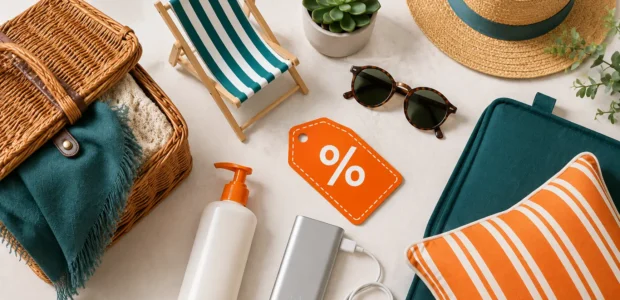 August Bank Holiday sale 2026 UK flat-lay with sunglasses, garden accessories, skincare and discount tag